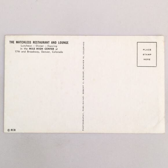 The Matchless Restaurant & Lounge Bar Denver CO 1950s Postcard Mile High Center - Picture 2 of 2